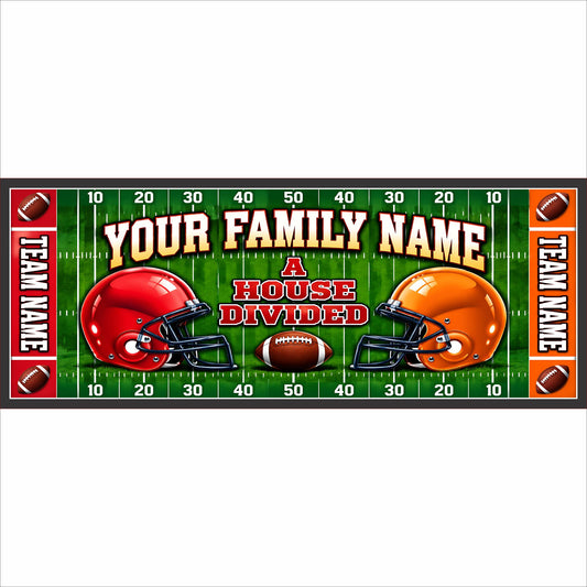 Personalized House Divided football sign with family name, two team names, opposing helmets and custom team colors.