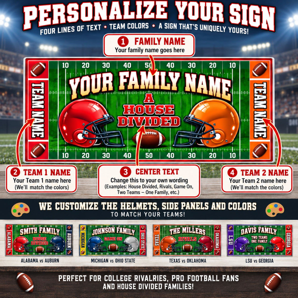 Personalization guide showing editable family name, Team 1 name, Team 2 name and center wording, with helmet and accent colors matched to the selected teams.