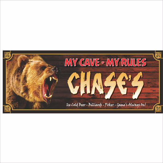 Personalized rustic bear man cave sign with roaring bear and lodge-style design