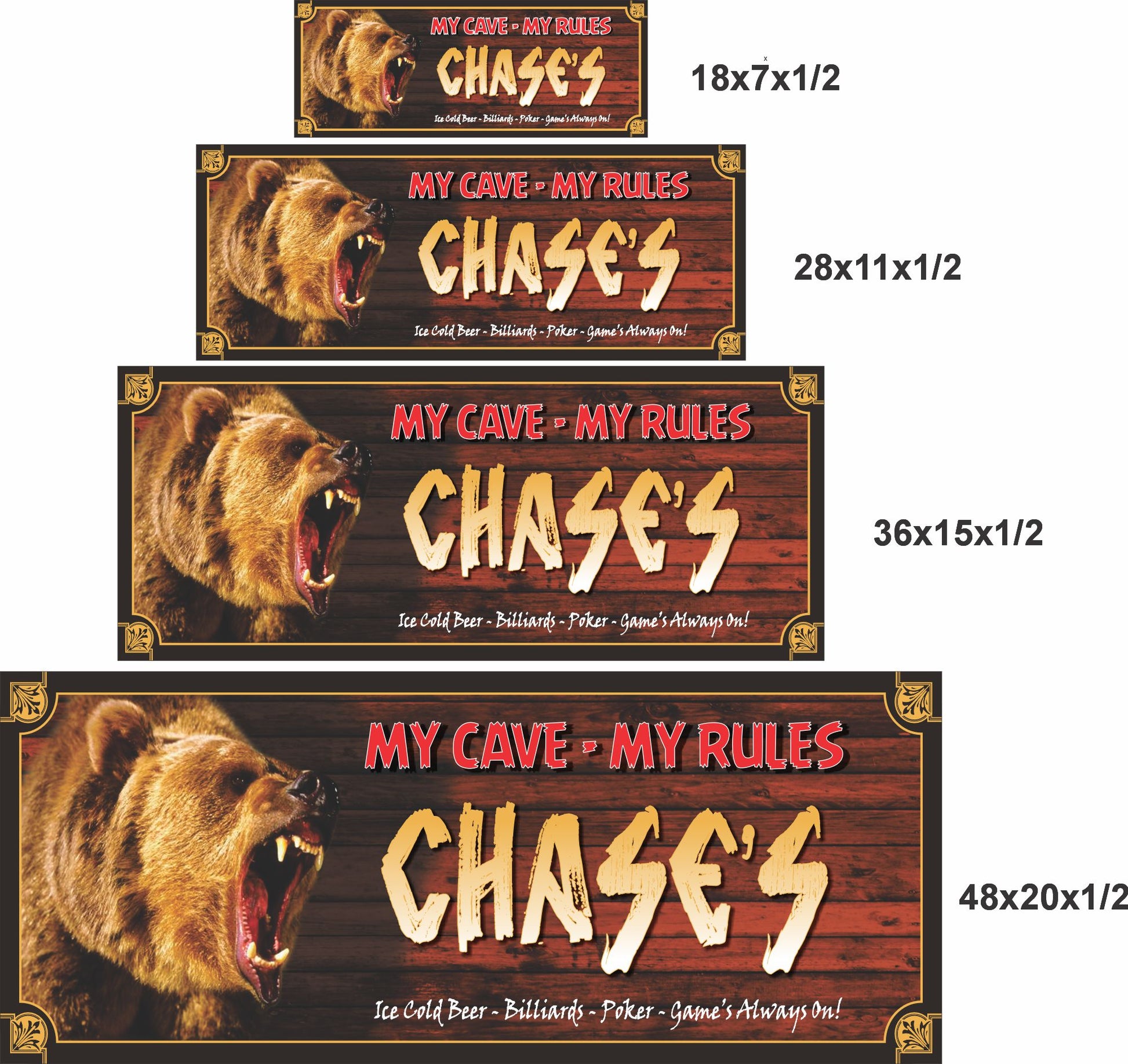 Bear man cave sign shown in four size options for wall display comparison
