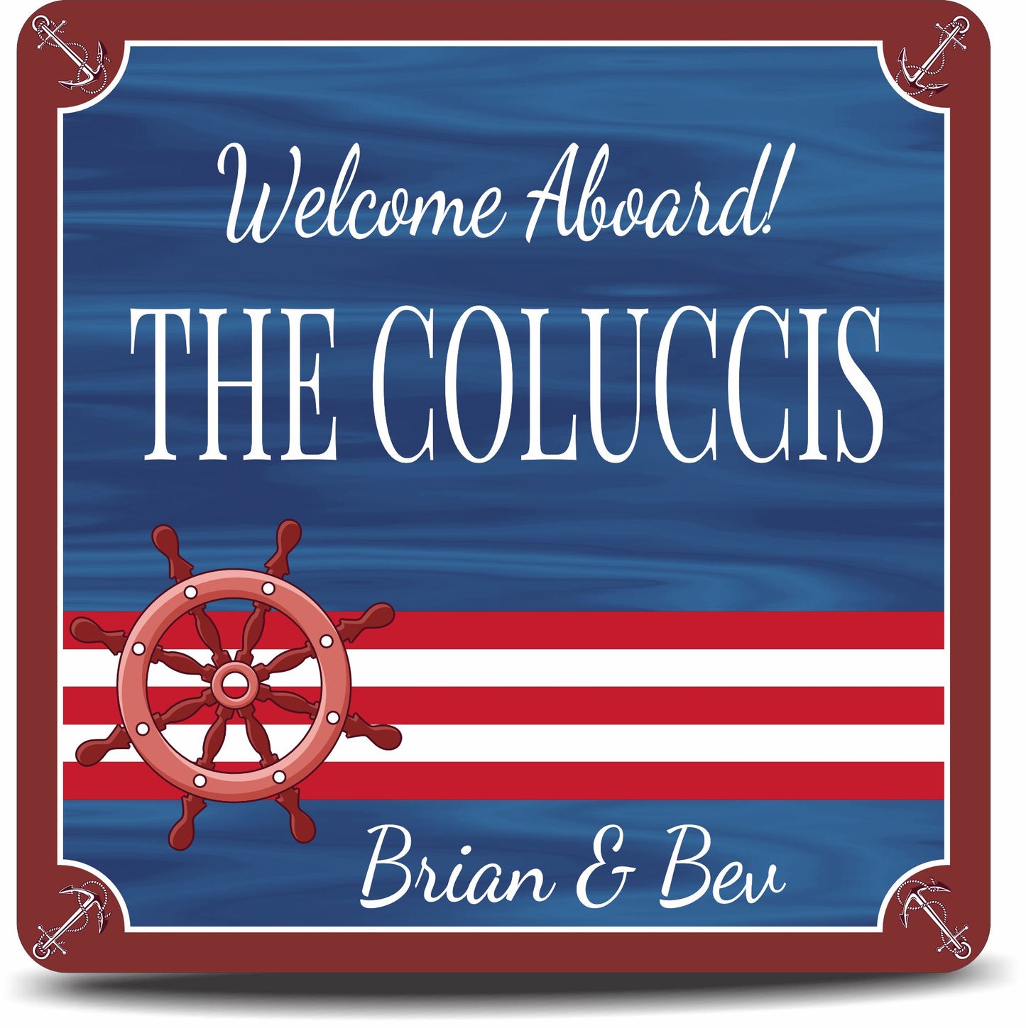Personalized nautical welcome aboard sign with ship wheel and 