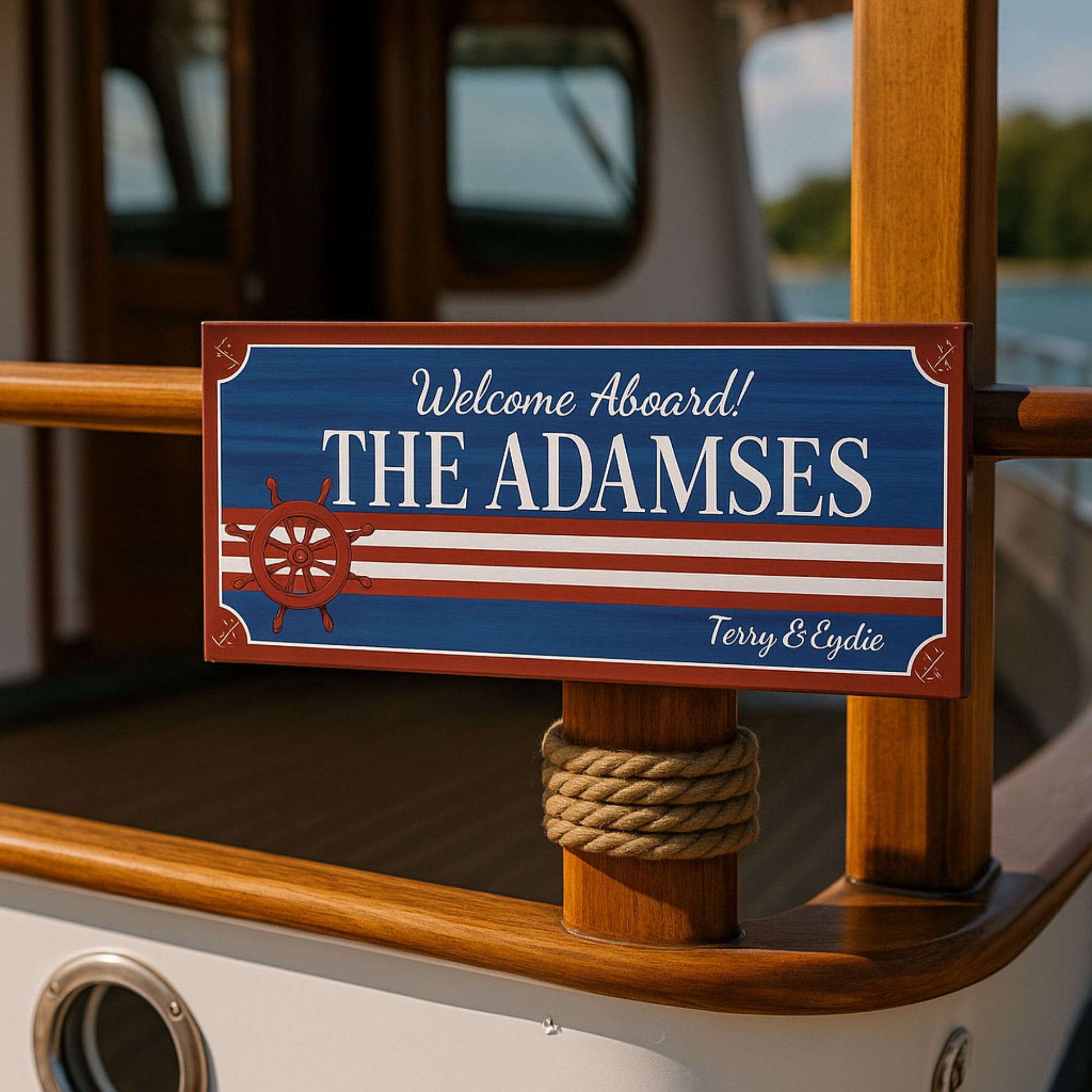 Welcome aboard sign mounted inside a boat cabin
