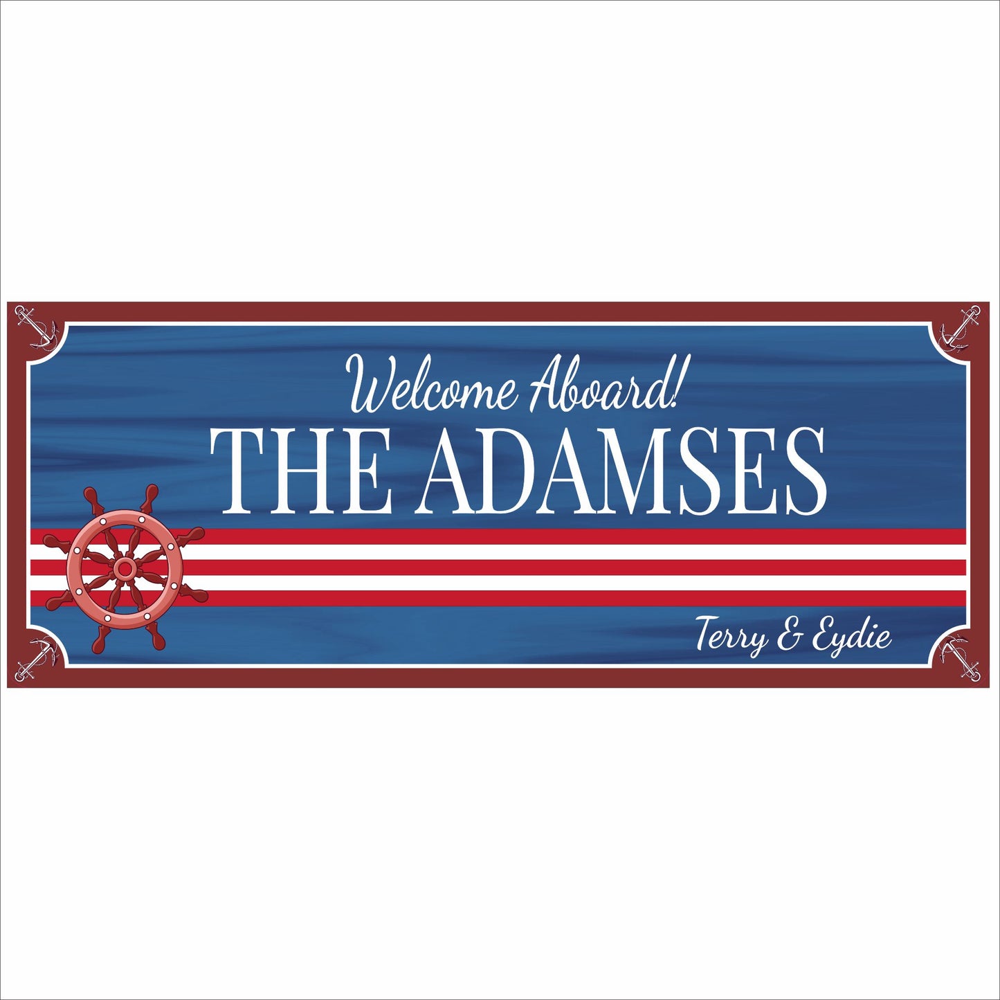 Personalized nautical welcome aboard sign with ship wheel and coastal colors