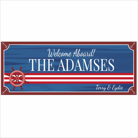 Personalized nautical welcome aboard sign with ship wheel and coastal colors