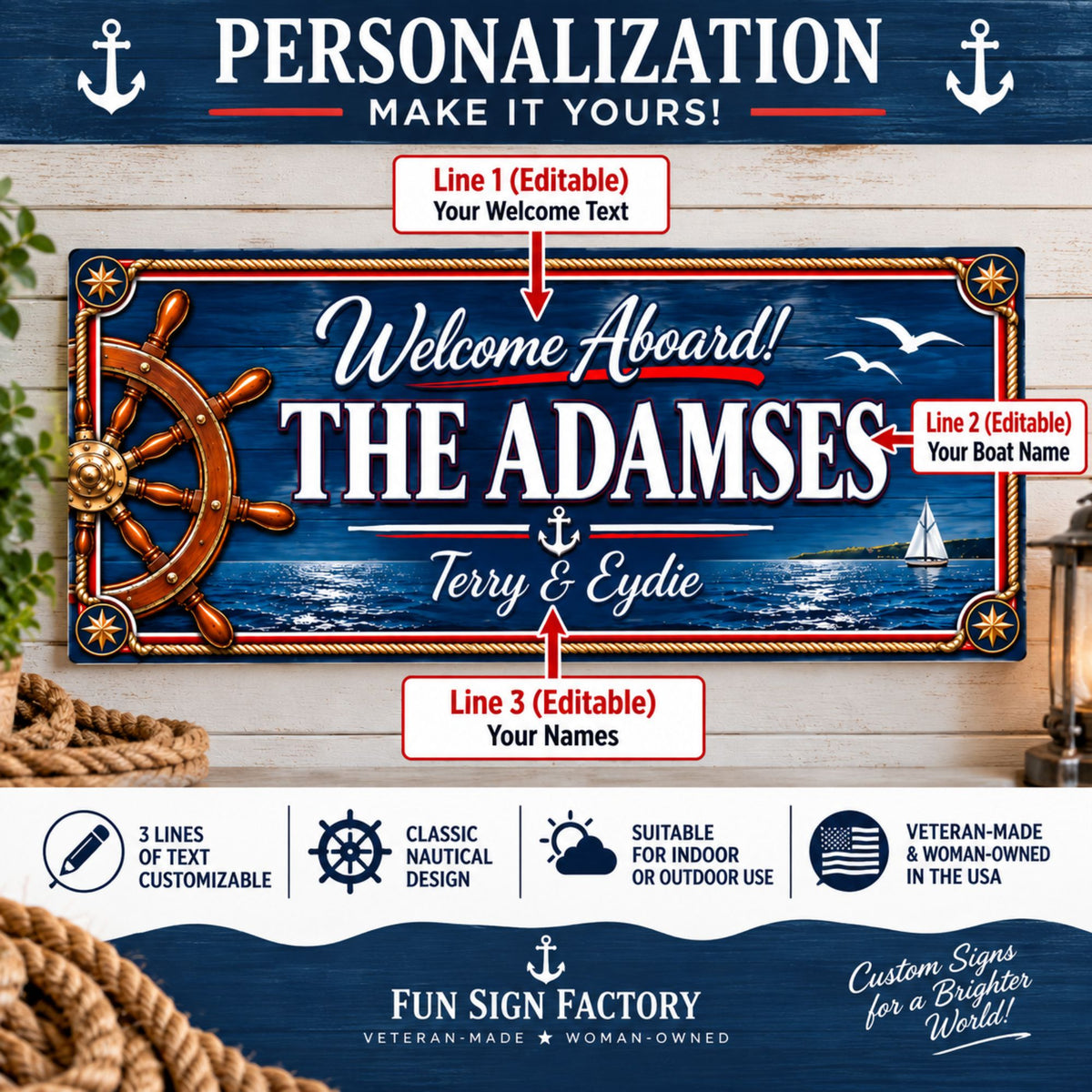 Personalized Welcome Aboard boat sign showing three editable lines for custom wording.
