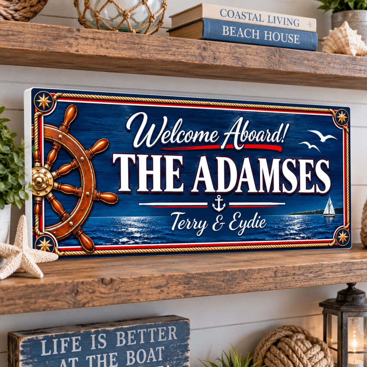 Personalized nautical family name sign displayed on a rustic shelf with coastal and boating decor.
