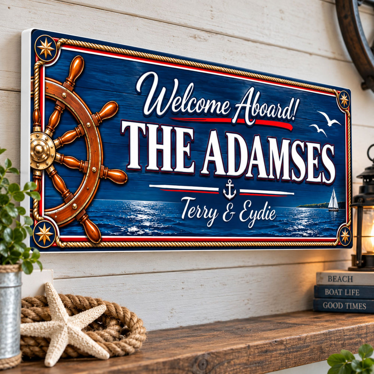Personalized nautical boat sign displayed on a coastal wall with ship wheel and ocean graphics.