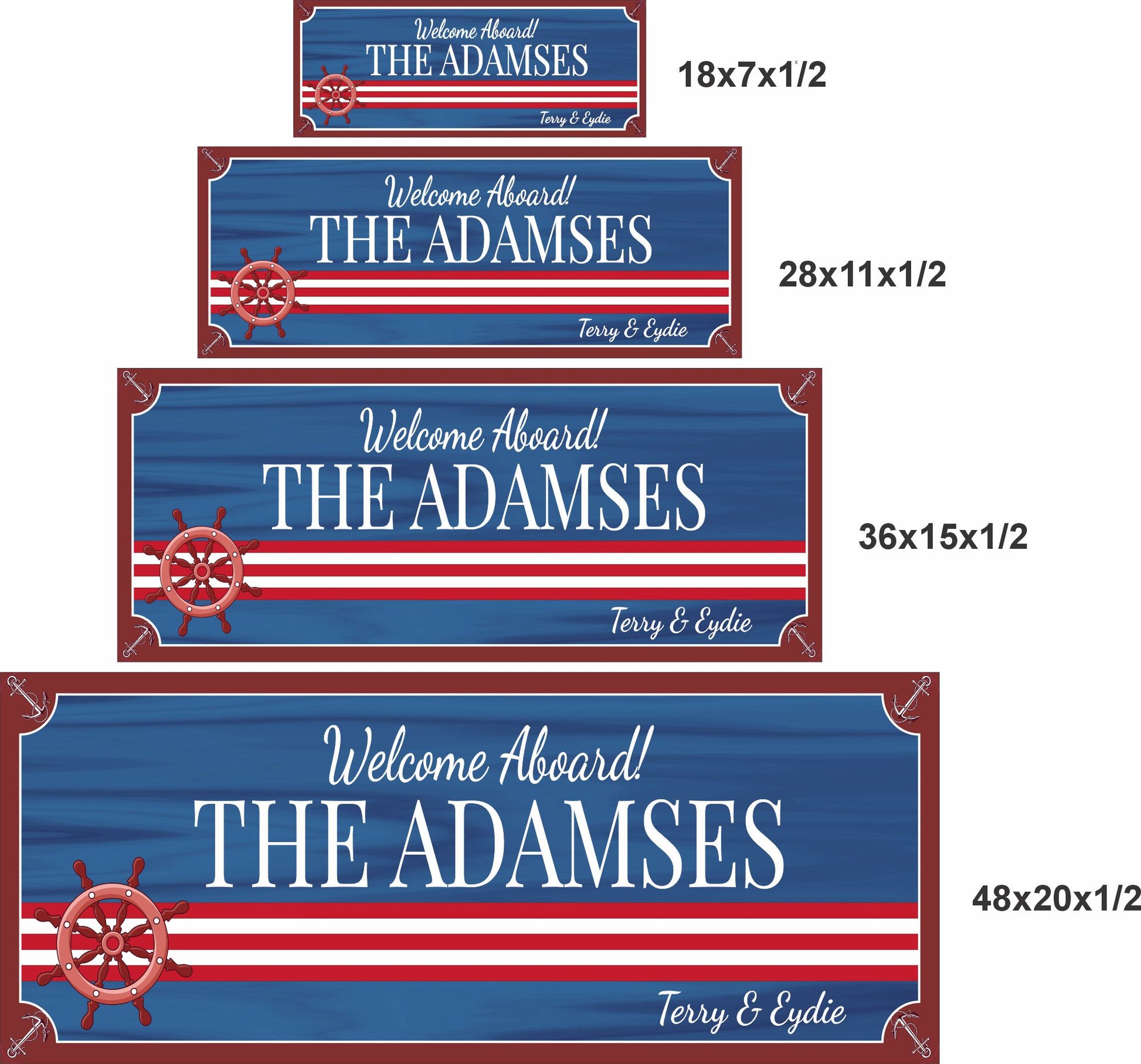 Nautical welcome sign shown in four rectangular sizes: 18×7, 28×11, 36×15, and 48×20