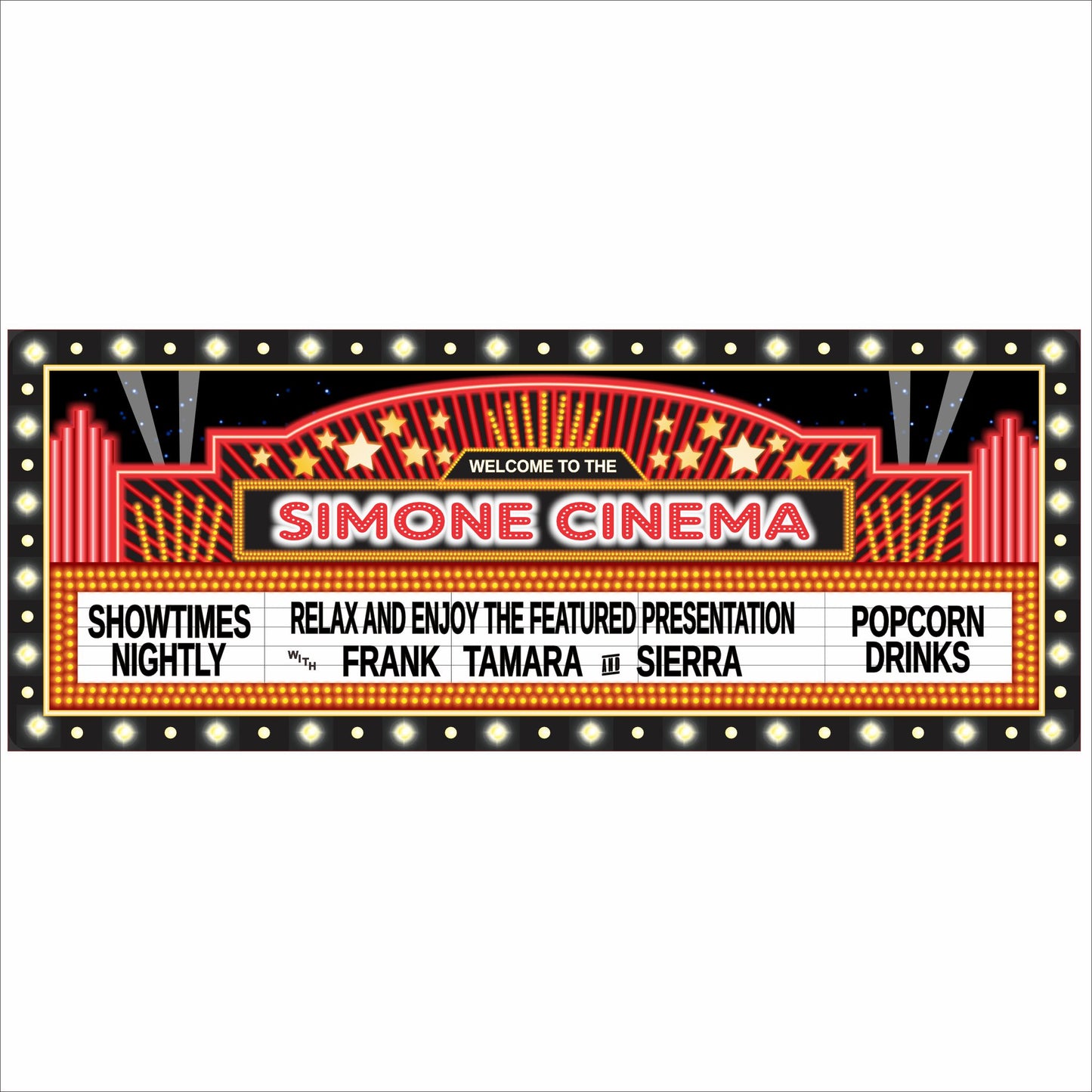 Personalized home theater marquee sign with retro movie theater lights