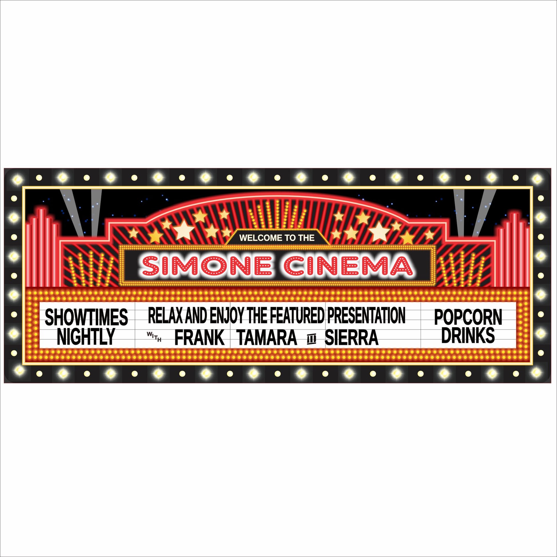 Personalized home theater marquee sign with retro movie theater lights