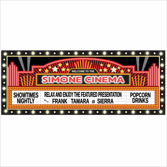 Personalized home theater marquee sign with retro movie theater lights
