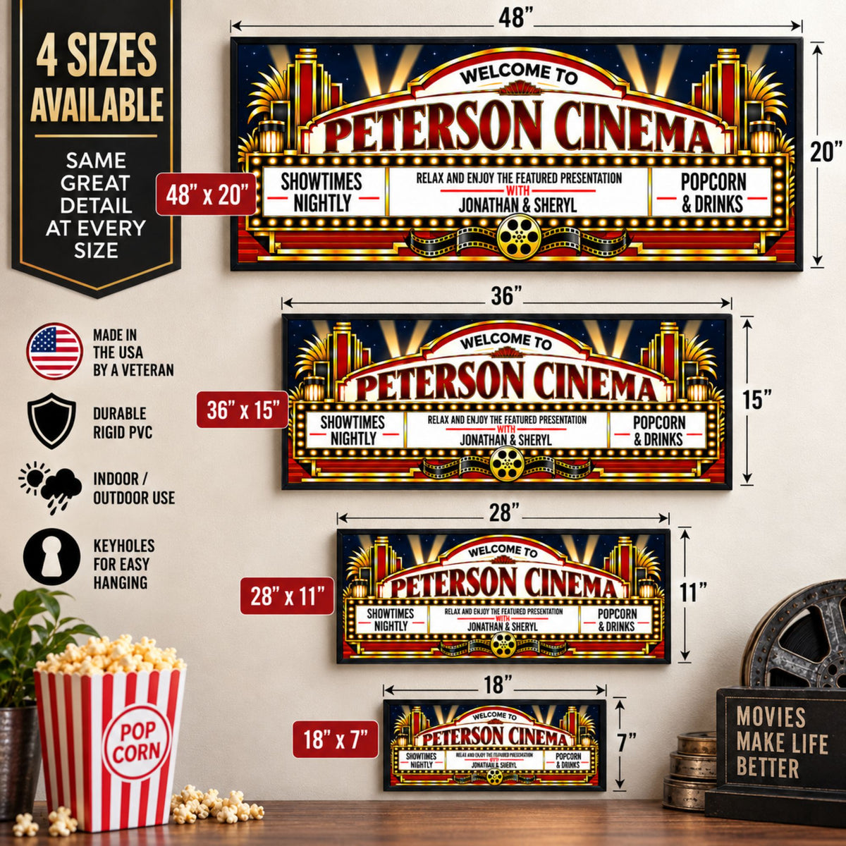 Four-size comparison of personalized home theater sign in 18×7, 28×11, 36×15 and 48×20 inches.