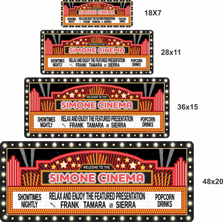 Home theater marquee sign shown in four available size options