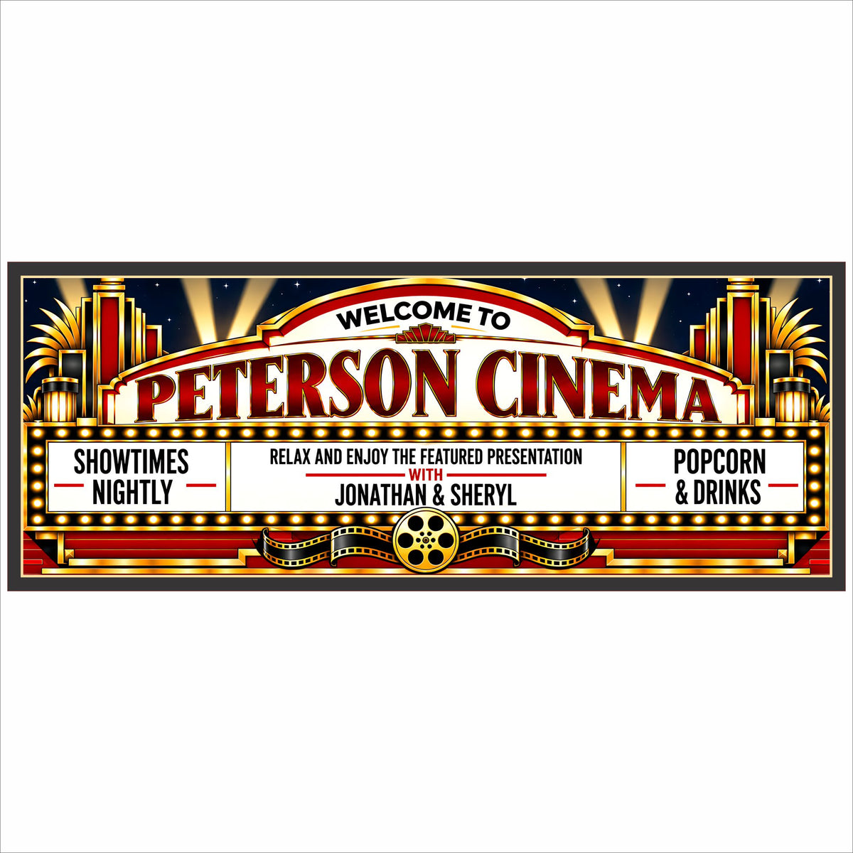 Custom Art Deco home theater sign with personalized cinema marquee design, movie lights and film reel.