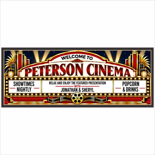 Custom Art Deco home theater sign with personalized cinema marquee design, movie lights and film reel.