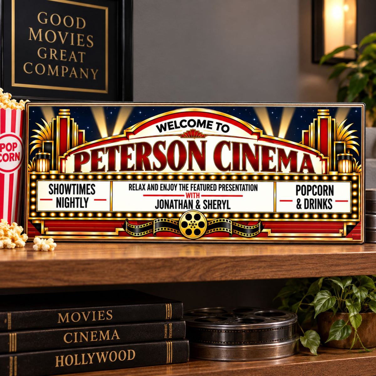 Personalized Art Deco cinema sign displayed on a home theater shelf with movie-themed decor