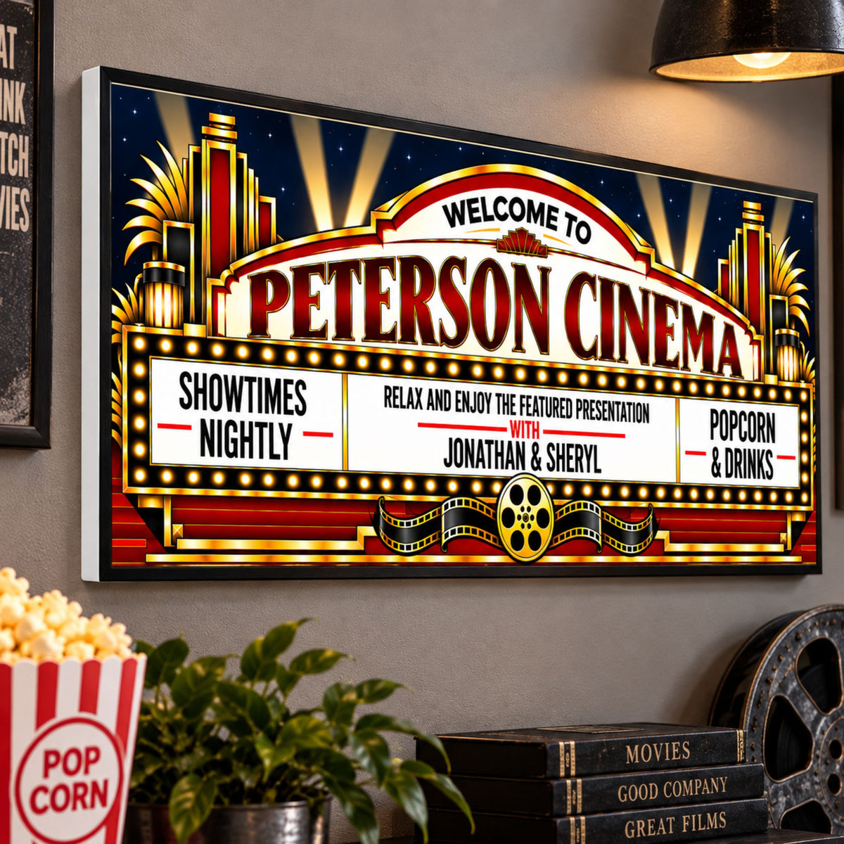 Custom cinema marquee sign displayed on a home theater wall with subtle white rigid PVC edge visible.