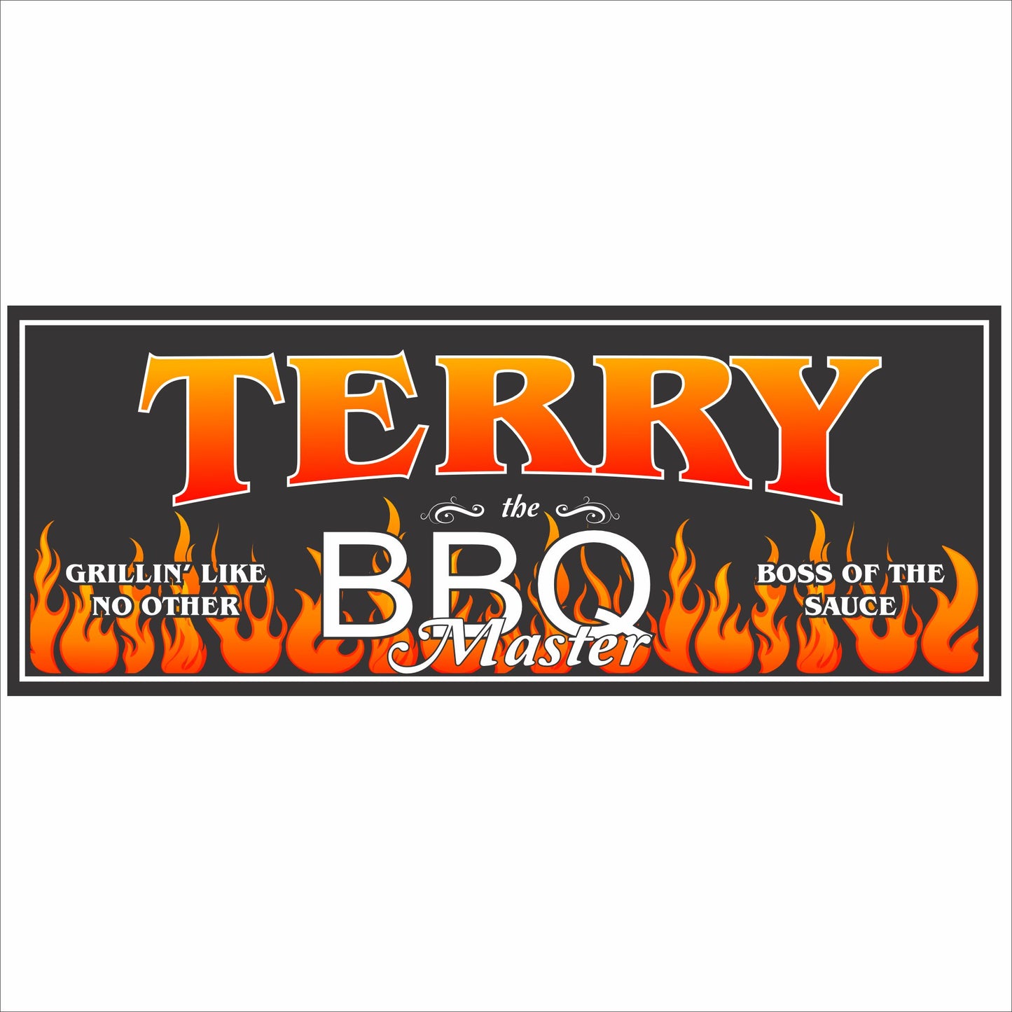 Personalized BBQ grill master sign with flames and custom name