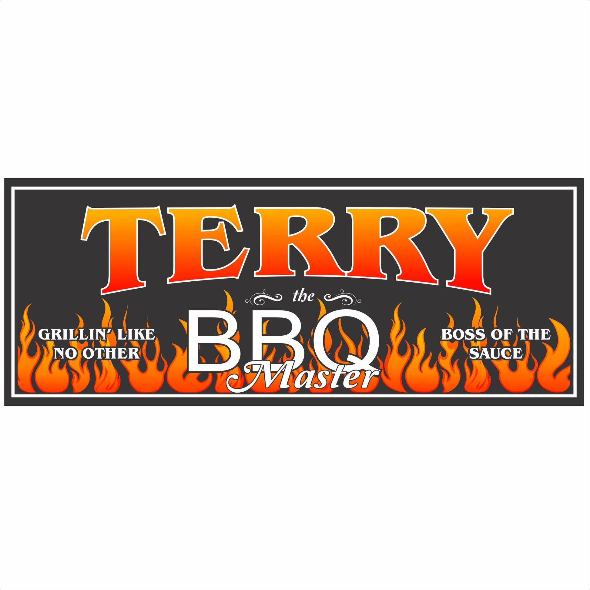 Personalized BBQ grill master sign with flames and custom name