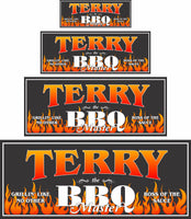 Custom BBQ Master sign featuring orange tribal flames, available in rectangular or square shapes, with fully editable text for personalization.