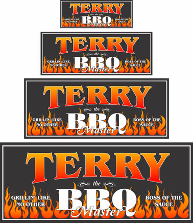 Custom BBQ Master sign featuring orange tribal flames, available in rectangular or square shapes, with fully editable text for personalization.