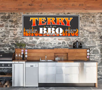 Custom BBQ Master sign featuring orange tribal flames, available in rectangular or square shapes, with fully editable text for personalization.