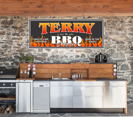 Custom BBQ Master sign featuring orange tribal flames, available in rectangular or square shapes, with fully editable text for personalization.