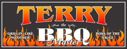 Custom BBQ Master sign featuring orange tribal flames, available in rectangular or square shapes, with fully editable text for personalization.