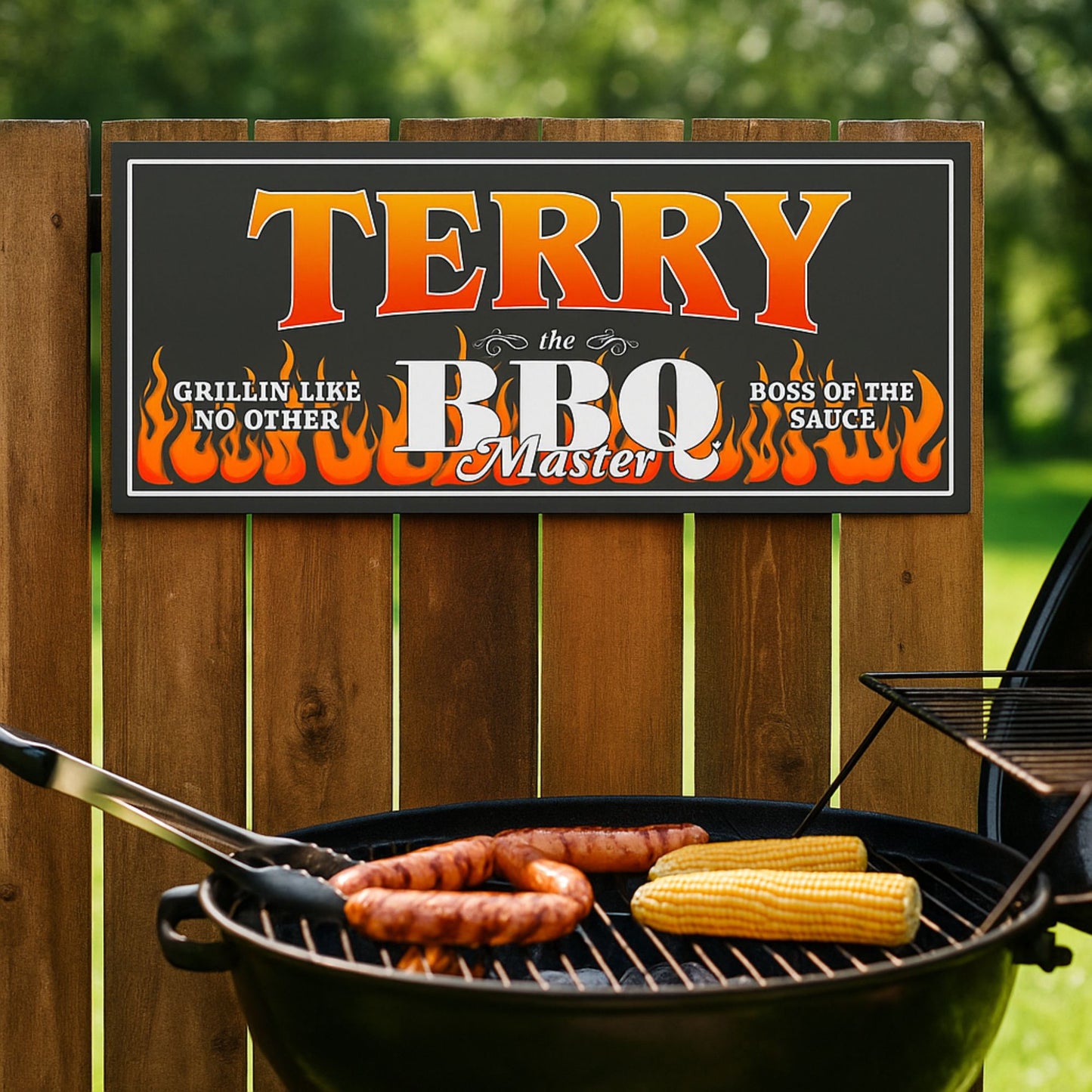 Custom BBQ sign mounted on a wooden fence behind a grill