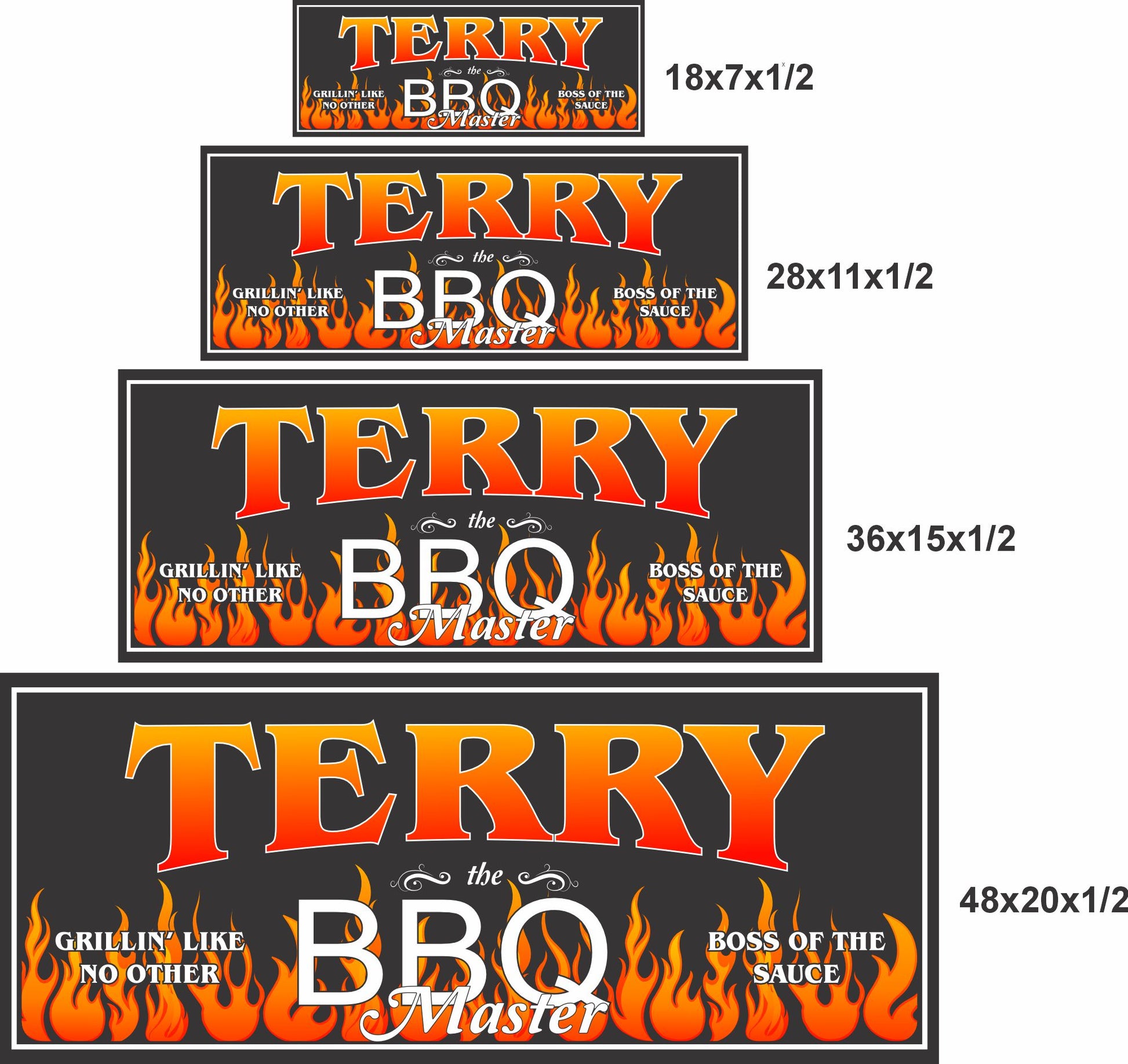 BBQ grill master sign shown in four available size options