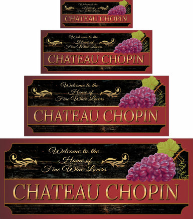 Personalized Wine Chateau Welcome Sign featuring grape motifs and elegant flourishes in purple and gold, with fully editable text for customization.