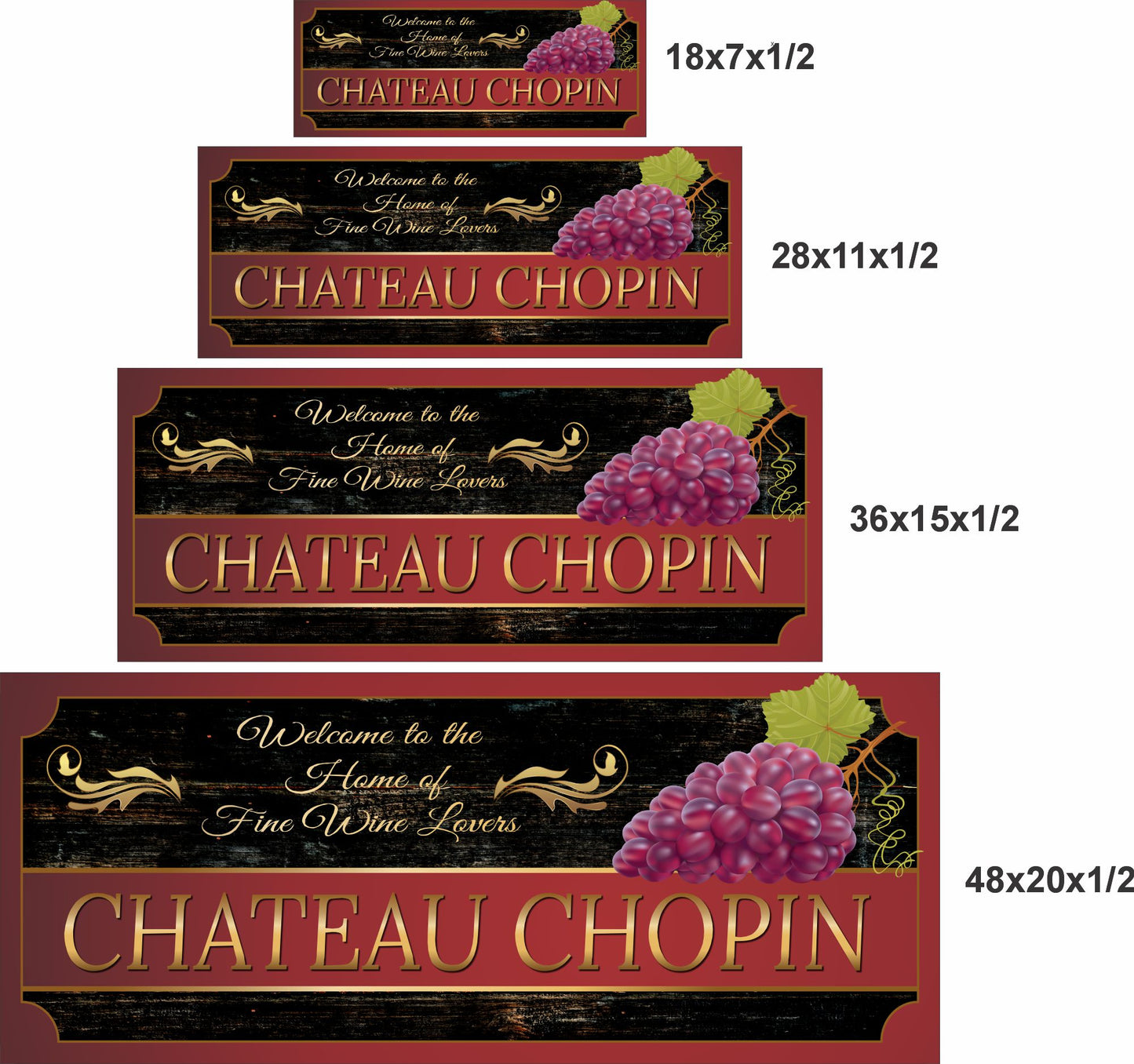 Wine bar sign shown in four available size options