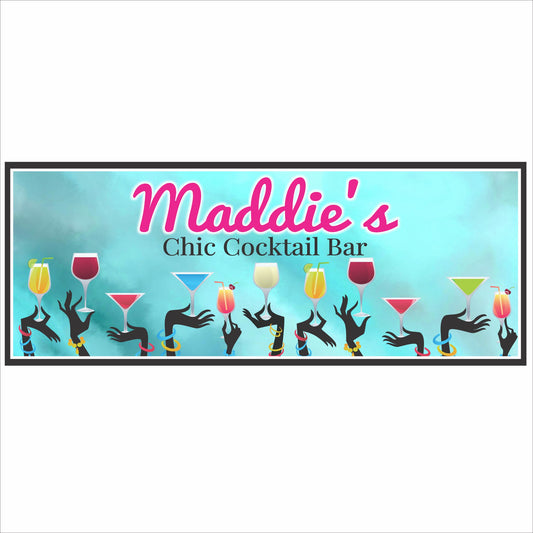 personalized chic cocktail bar sign with retro martini glass design on teal background