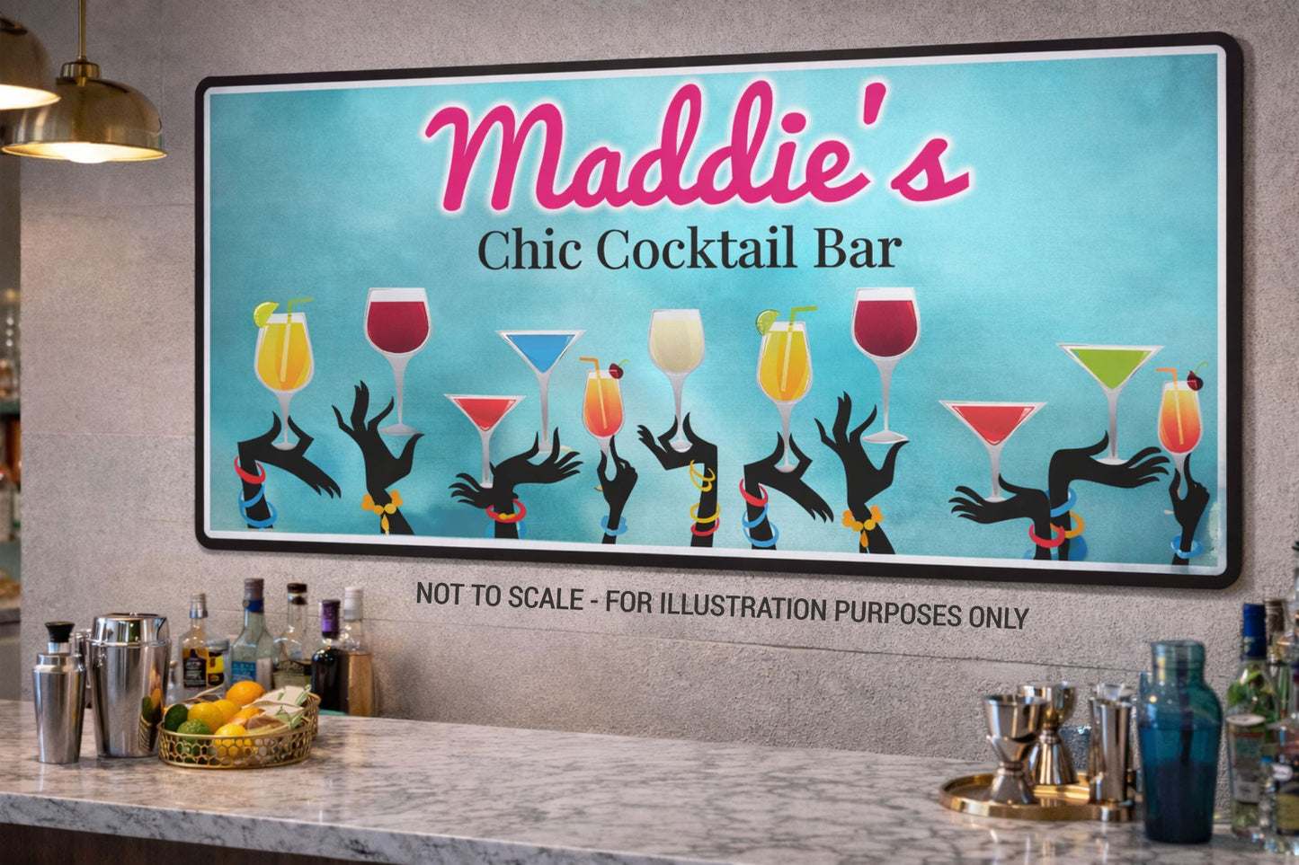 custom cocktail bar sign mounted above a home bar with glassware and bottles