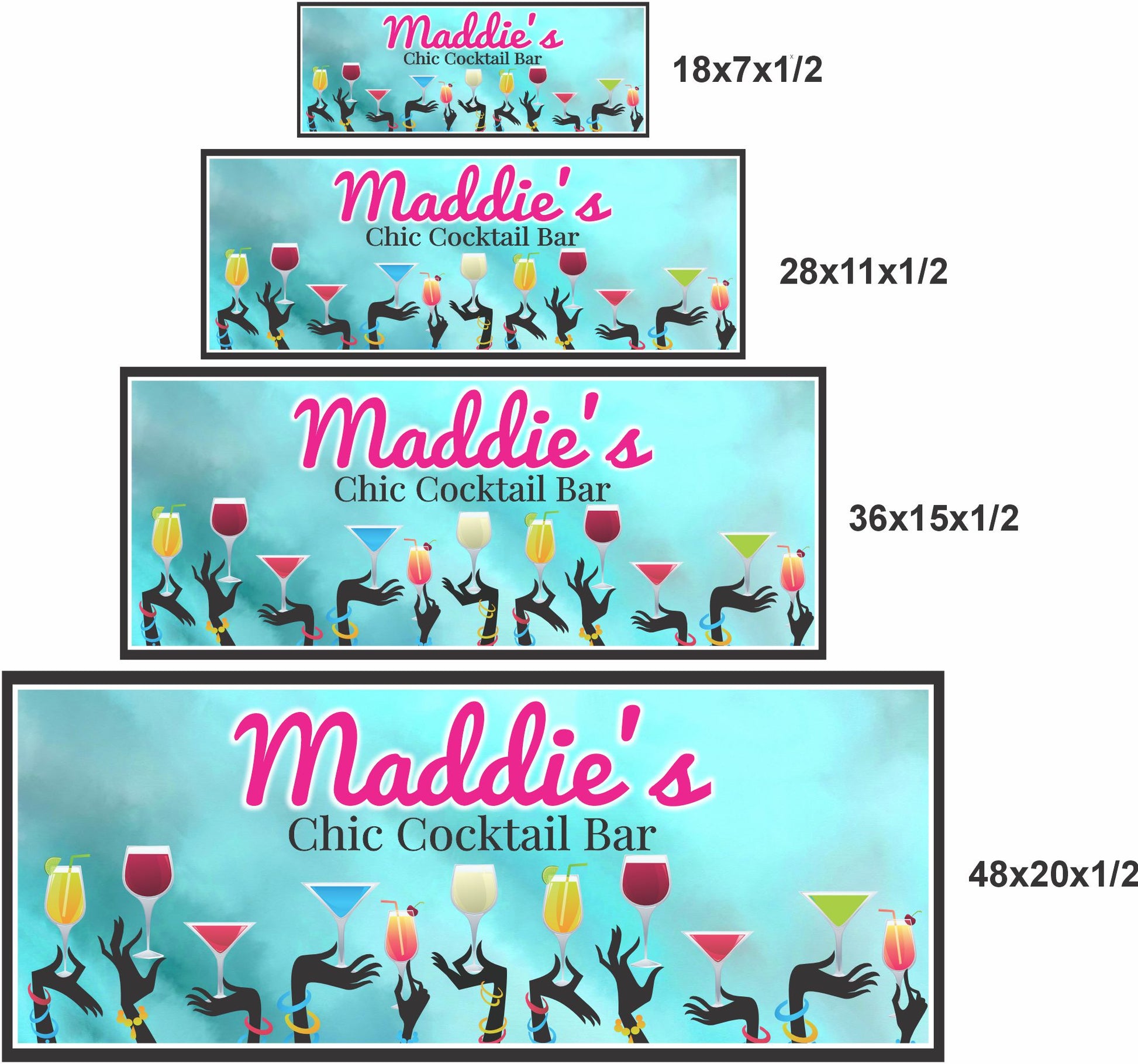 personalized cocktail bar sign shown in four size options for scale comparison
