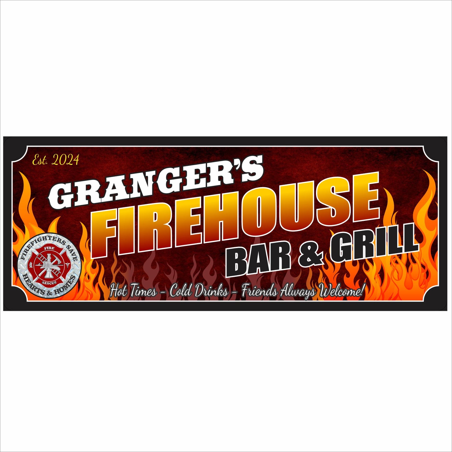 Personalized firehouse bar and grill sign with flames, firefighter emblem, and custom name