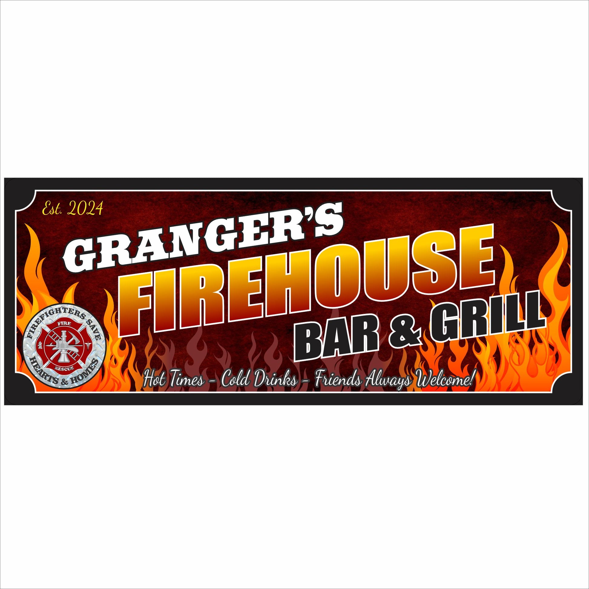 Personalized firehouse bar and grill sign with flames, firefighter emblem, and custom name