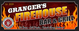 Personalized Firehouse Bar & Grill sign featuring a Fire Rescue emblem, flame background, and editable text including name and established date, perfect for home bar decor.