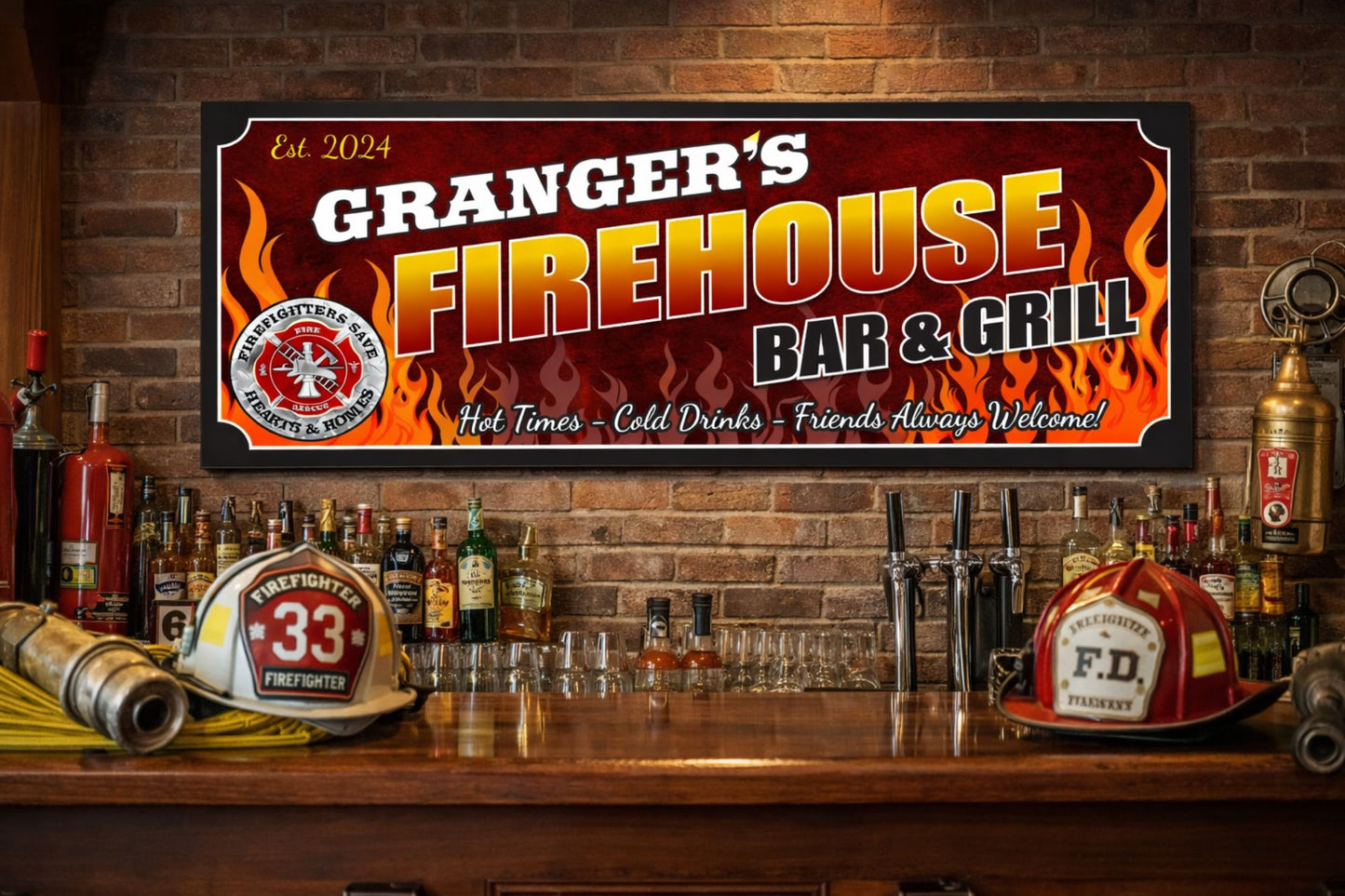 Custom firehouse bar sign mounted on a brick wall above a bar with firefighter decor