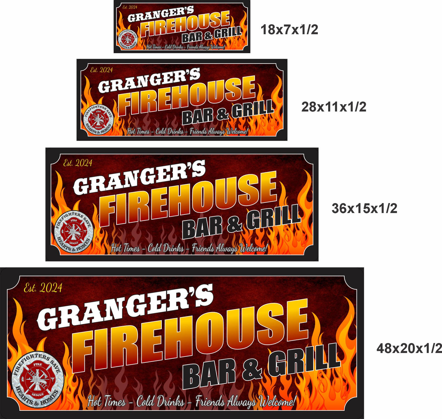 Firehouse bar and grill sign shown in four available size options