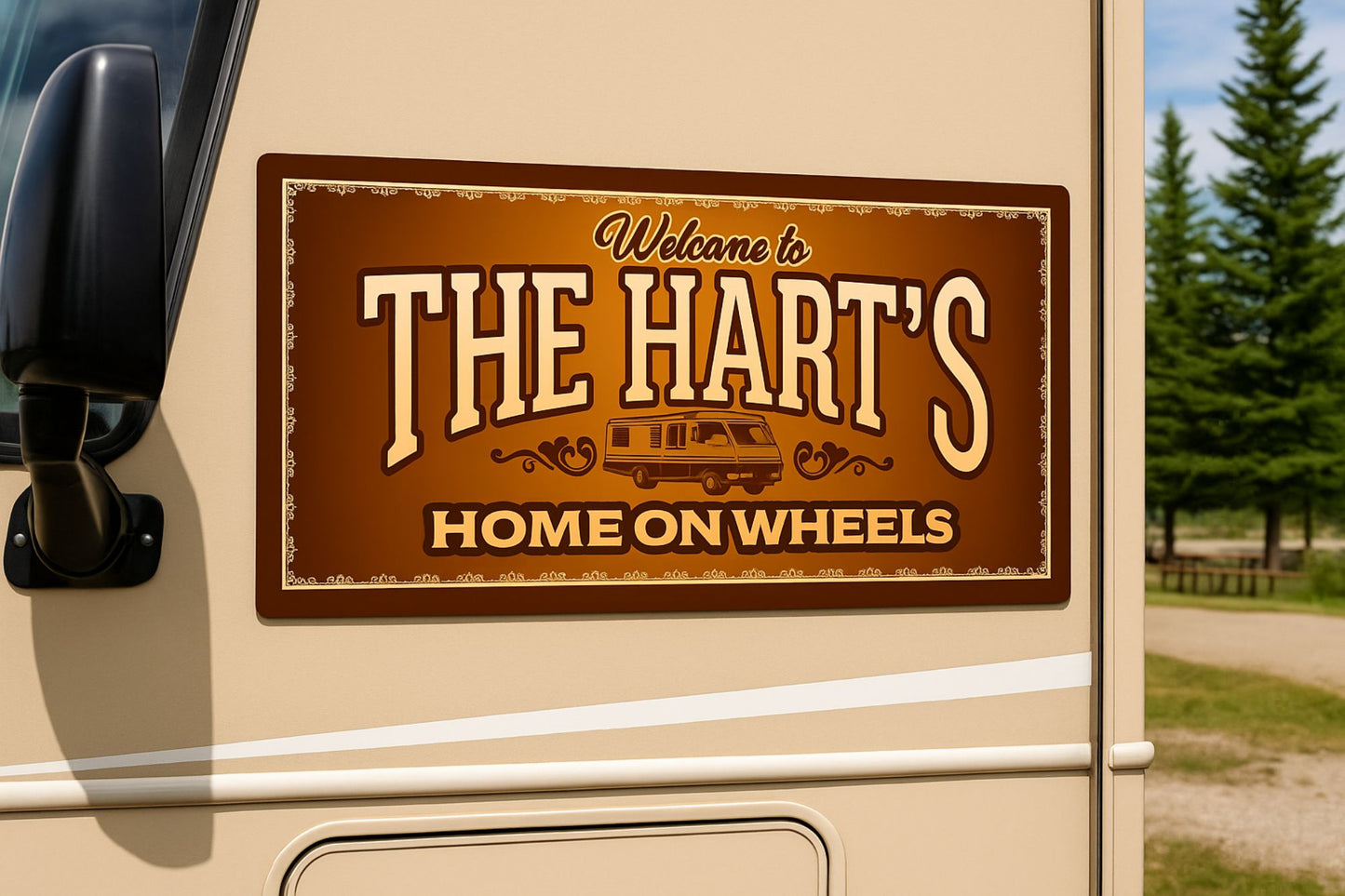 Personalized Home on Wheels sign mounted on the side of an RV