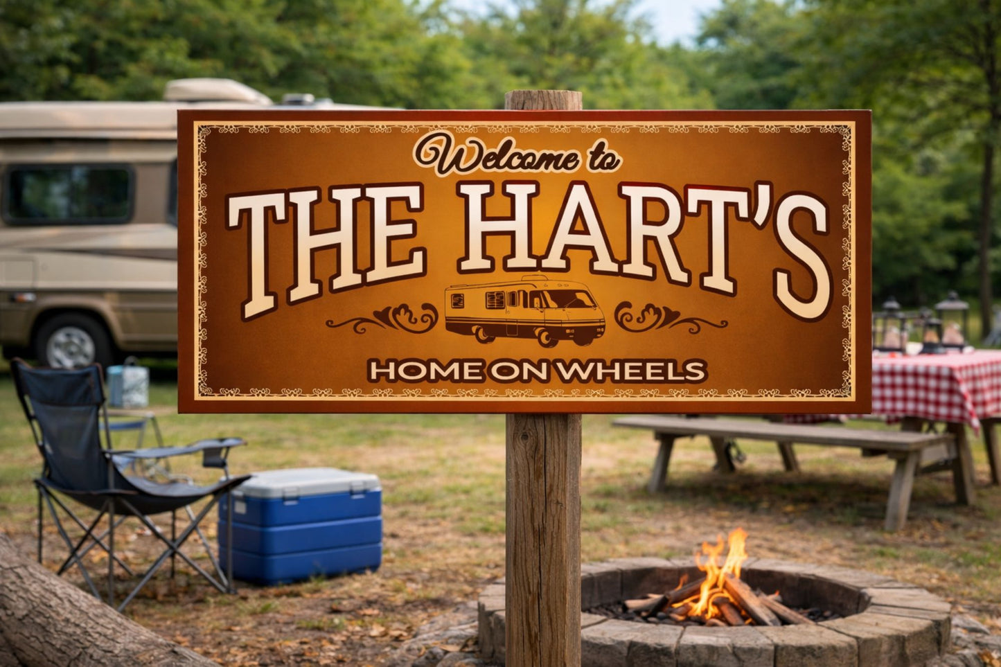 Custom RV welcome sign mounted on a wooden post at a campsite with fire pit and picnic table