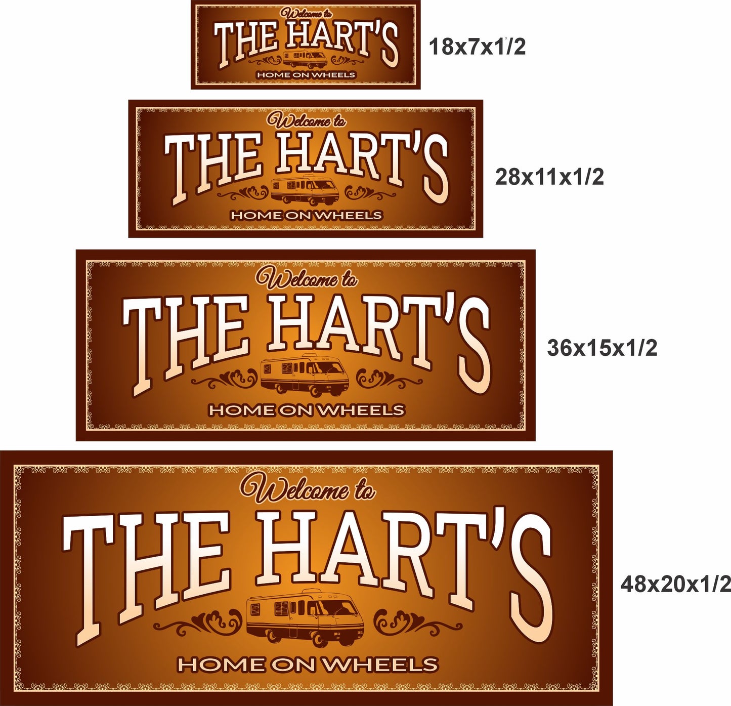 RV welcome sign shown in four available sizes for size comparison