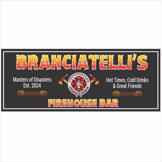 Personalized firehouse bar sign with firefighter emblem and custom family name