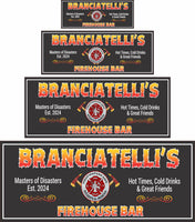 Customizable firehouse bar sign with flame font, firefighter emblem, and editable established date text.
