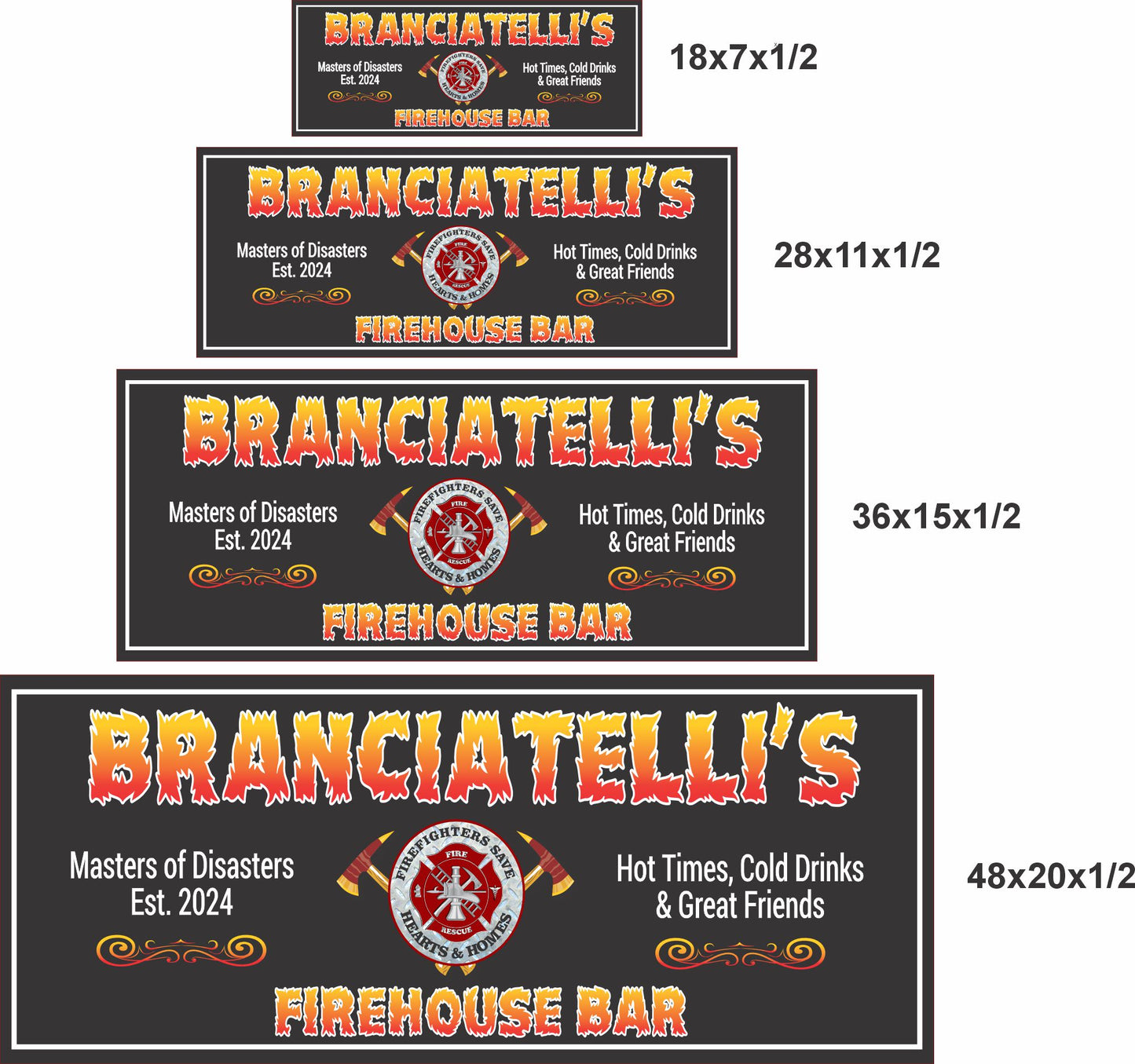 Firefighter bar sign shown in four available size options