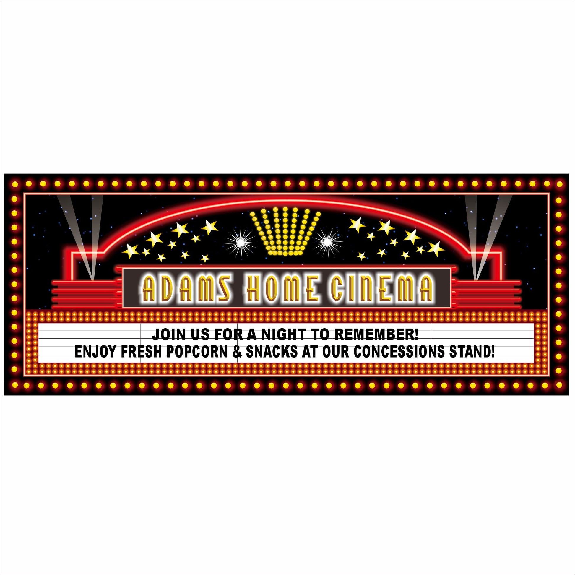 Personalized home cinema marquee sign with theater lights and custom family name