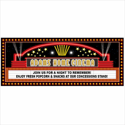 Personalized home cinema marquee sign with theater lights and custom family name