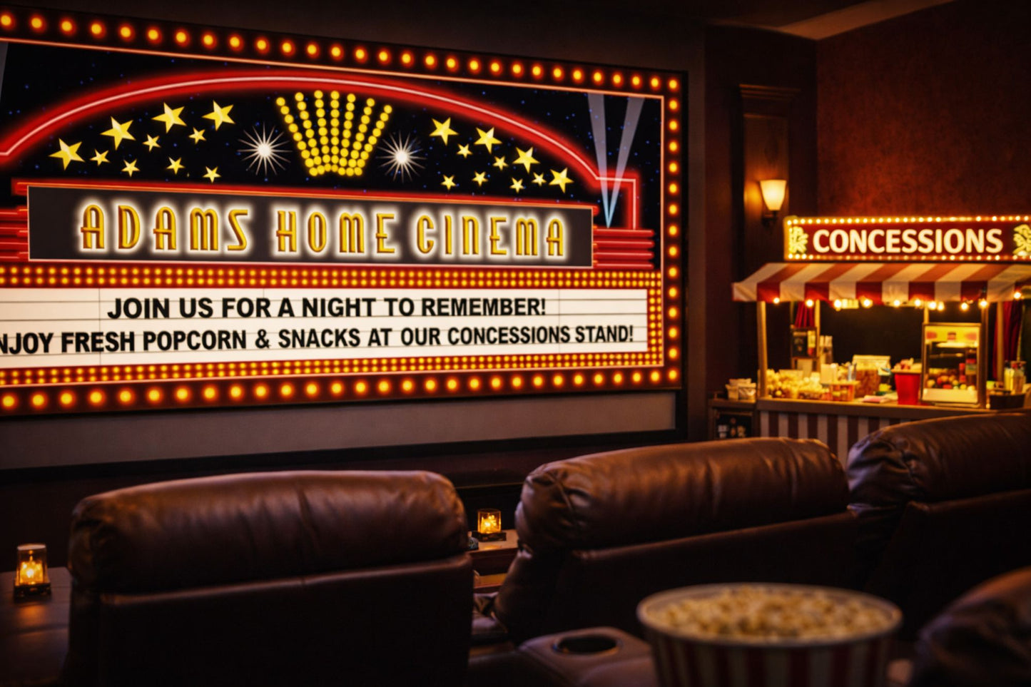 home movie theater wall with vintage marquee style home cinema sign illuminated above leather recliners and popcorn nearby