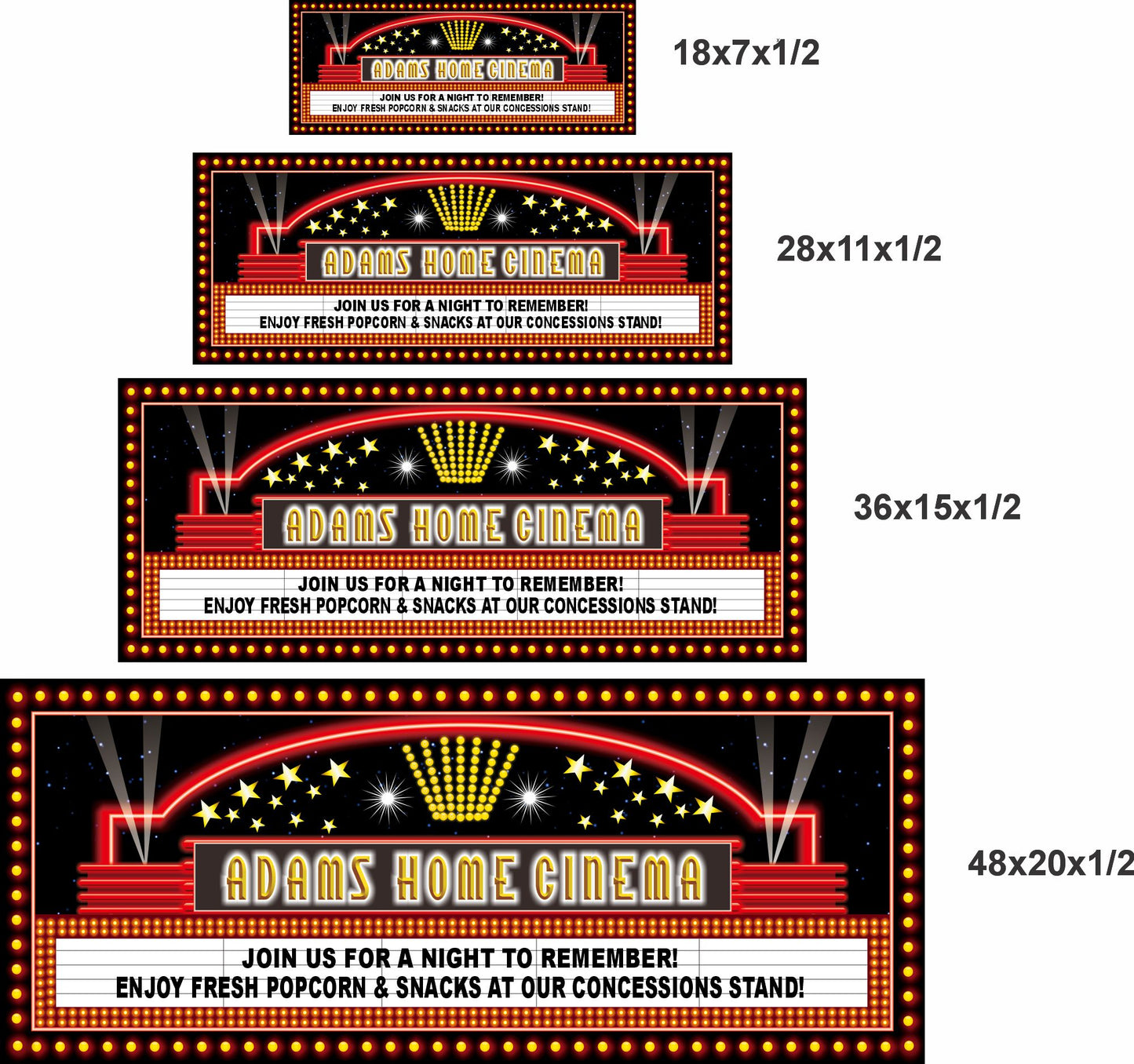 Home cinema marquee sign shown in four available size options